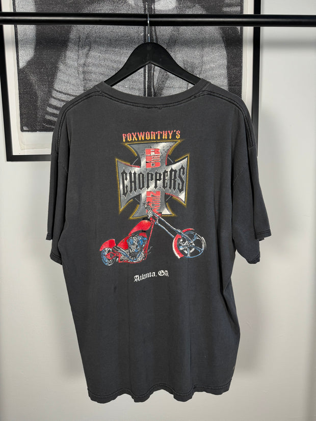 90'S THRASHED GLITTER EFFECT ATLANTA WEST COAST CHOPPERS BOOTLEG "FOXWORTHY'S REDNECK CHOPPERS" SHIRT