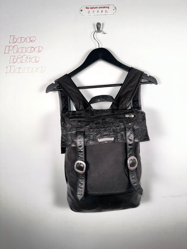 EXTREMELY RARE EARLY 2000'S BLACK WAXED COTTON CROSS PATCH MOTO BACKPACK