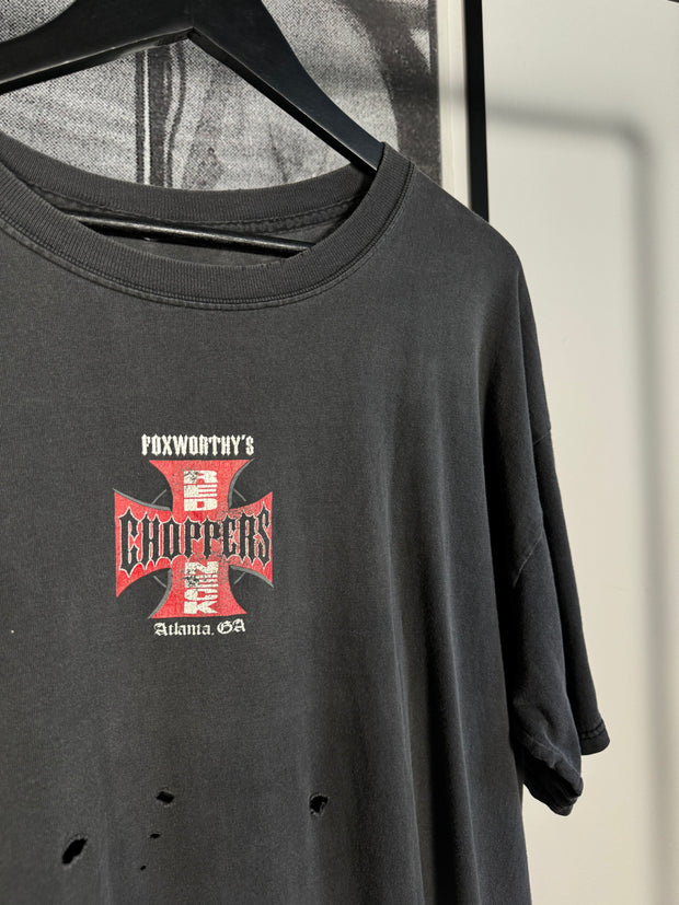 90'S THRASHED GLITTER EFFECT ATLANTA WEST COAST CHOPPERS BOOTLEG "FOXWORTHY'S REDNECK CHOPPERS" SHIRT