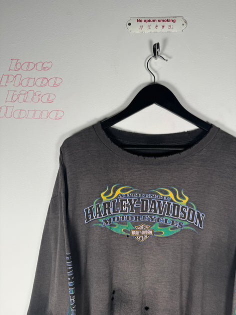 T-shirt Vintage Harley-Davidson Années 90 - Bleu Délavé Manches Longues - Taille L - Occasion Très Bon état