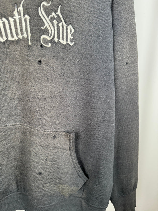 UNBELIEVABLE 80s PERFECTLY THRASHED & FADED "SOUTH SIDE" GOTHIC EMBROIDERY HOODIE