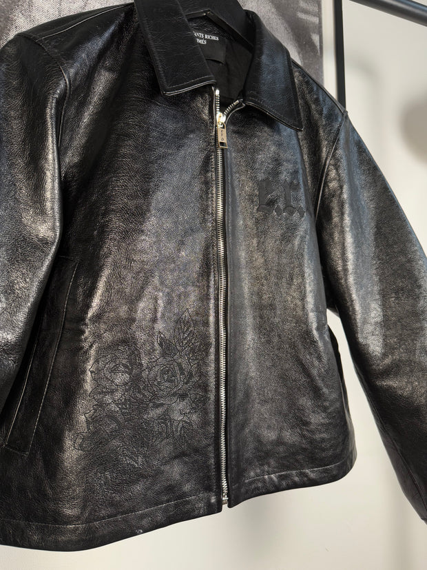 ULTIMATE GRAIL 2020 MADE-TO-ORDER EDITION NOIRE SILK LINED ERD ROSES JACKET EN CUIR