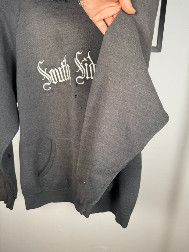 UNBELIEVABLE 80s PERFECTLY THRASHED & FADED "SOUTH SIDE" GOTHIC EMBROIDERY HOODIE