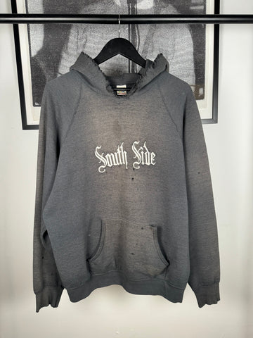 UNBELIEVABLE 80s PERFECTLY THRASHED & FADED "SOUTH SIDE" GOTHIC EMBROIDERY HOODIE