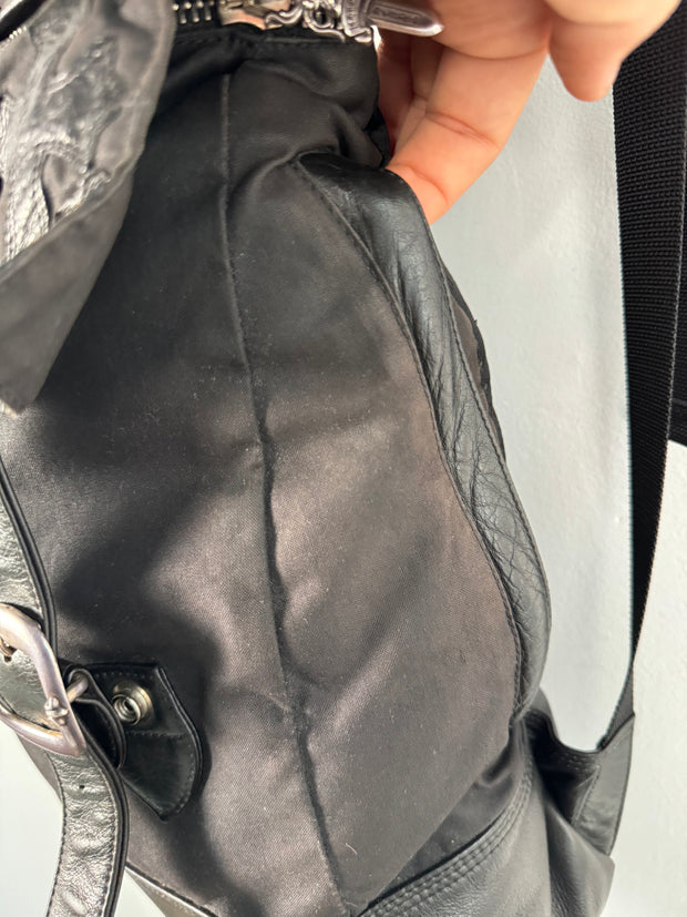 EXTREMELY RARE EARLY 2000'S BLACK WAXED COTTON CROSS PATCH MOTO BACKPACK
