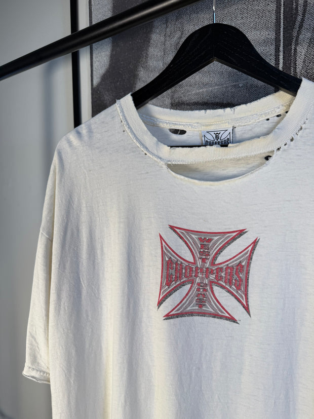 PERFECTLY THRASHED 90s WEST COAST CHOPPERS WHITE/RED LOGO SHIRT