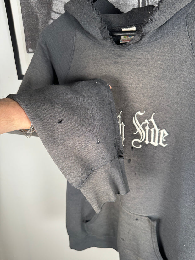 UNBELIEVABLE 80s PERFECTLY THRASHED & FADED "SOUTH SIDE" GOTHIC EMBROIDERY HOODIE