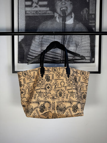 RARE 100+ LOGO MOTIF COWHIDE FLEUR HANDLE BEACH BAG w/ .925 SILVER SCROLL PLATE