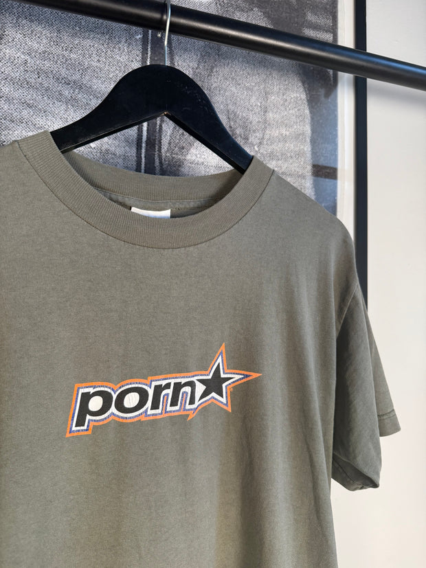 INSANELY RARE ICONIC 90s PORN STAR SKATEBOARDS ARMY GREEN LOGO SHIRT