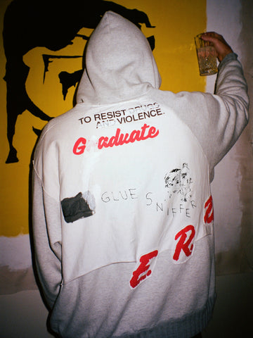 ULTIMATE GRAIL 1 of 1 AUTUMN/WINTER 2019 HAND-DRAWN “GLUE SNIFFER” D.A.R.E. PAINTED PATCHWORK HOODIE