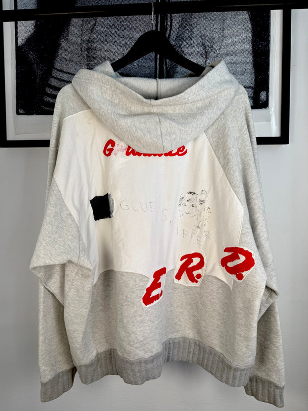 ULTIMATE GRAIL 1 of 1 AUTUMN/WINTER 2019 HAND-DRAWN “GLUE SNIFFER” D.A.R.E. PAINTED PATCHWORK HOODIE