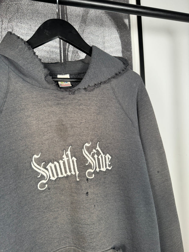 UNBELIEVABLE 80s PERFECTLY THRASHED & FADED "SOUTH SIDE" GOTHIC EMBROIDERY HOODIE