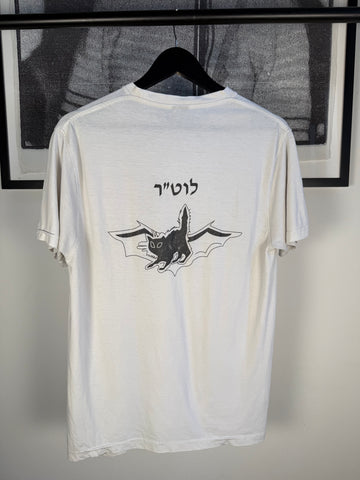 MYSTERIOUS RARE 90s PERFECT FITT SEMI-SHEER BLACK CAT / BAT HEBREW SHIRT
