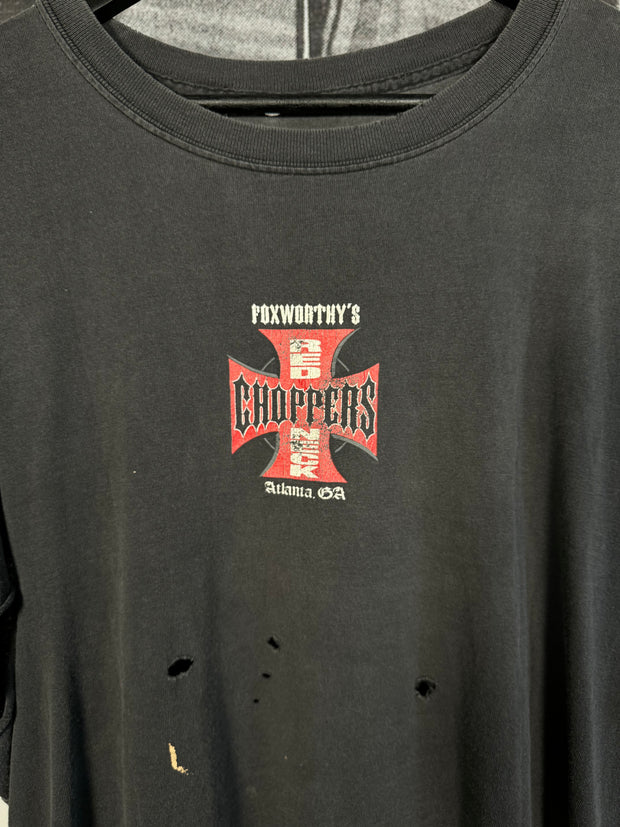 90'S THRASHED GLITTER EFFECT ATLANTA WEST COAST CHOPPERS BOOTLEG "FOXWORTHY'S REDNECK CHOPPERS" SHIRT