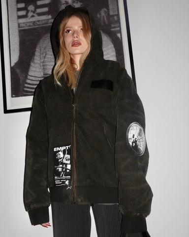 INSANE FALL/WINTER 2026 ART PATCHWORK & DUCT TAPE CHRIST “WAR STARTED” THRASHED CARHARTT STYLE JACKET w/ .925 SILVER SAFETY PIN ACCENTS