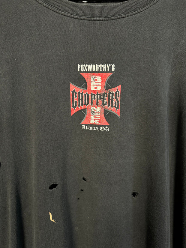 90'S THRASHED GLITTER EFFECT ATLANTA WEST COAST CHOPPERS BOOTLEG "FOXWORTHY'S REDNECK CHOPPERS" SHIRT