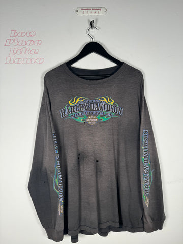 THRASHED 90'S ULTRA-FADED CYBER BLUE GREEN FLAME LONG SLEEVE
