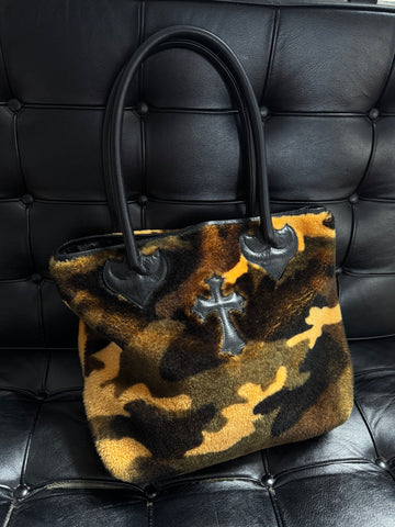 GRAIL 100% MOUTON SHEARLING PSYCH-CAMO CROSS PATCH TOTE w/ .925 SILVER DAGGER ZIPS & MONOGRAM SILK LINING