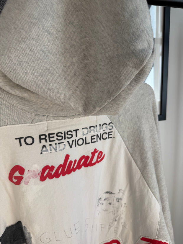 ULTIMATE GRAIL 1 of 1 AUTUMN/WINTER 2019 HAND-DRAWN “GLUE SNIFFER” D.A.R.E. PAINTED PATCHWORK HOODIE