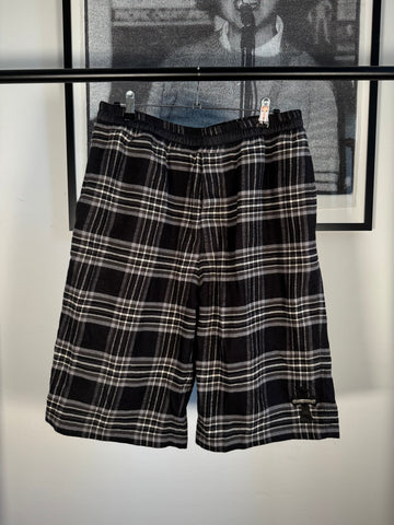ICONIC LAMBSKIN CEMETERY CROSS PATCH & .925 SILVER SCROLL LOGO PLATE "AFTER SCHOOL" PLAID CAPRI SHORTS
