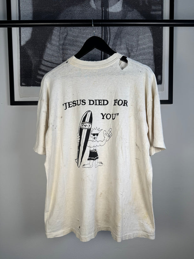 INSANE 80s THRASHED MALIBU NARCOTICS ANONYMOUS "SURFERS SET FREE FOR CHRIST" SHIRT