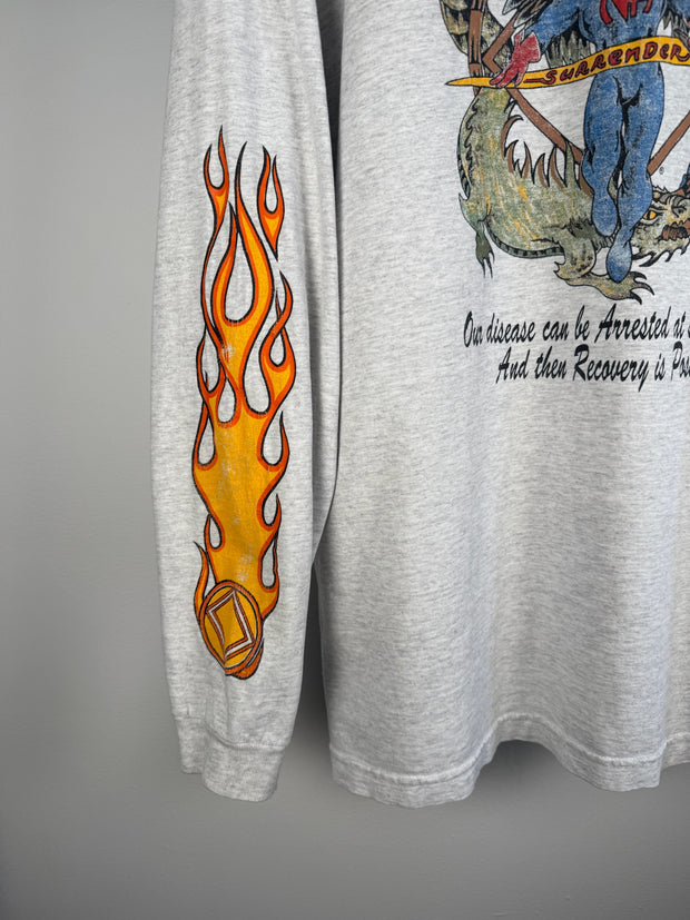 ULTIMATE ERD-STYLE VINTAGE GRAIL: 80s NARCOTICS ANONYMOUS FLAME LOGO SAN DIEGO LONG SLEEVE