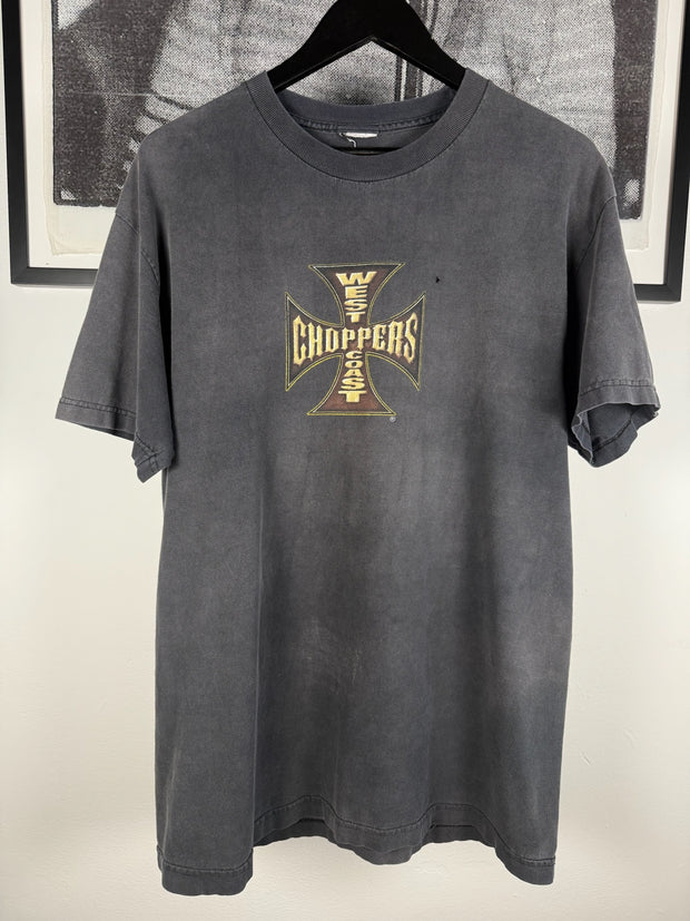 90s THRASHED STAPLE FADER WEST COAST CHOPPERS MOTORCYCLE LONG BEACH LOGO SHIRT