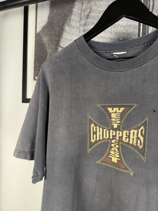 90s THRASHED STAPLE FADER WEST COAST CHOPPERS MOTORCYCLE LONG BEACH LOGO SHIRT