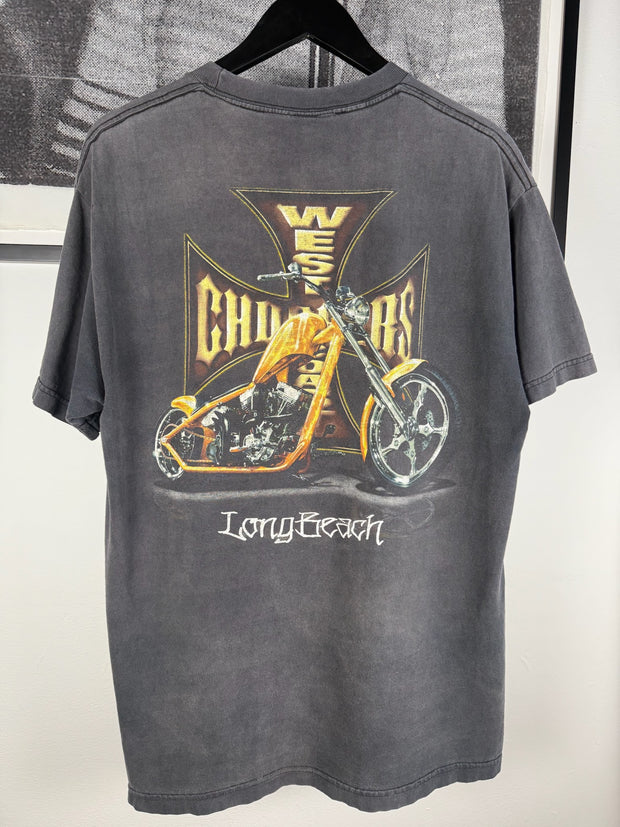 90s THRASHED STAPLE FADER WEST COAST CHOPPERS MOTORCYCLE LONG BEACH LOGO SHIRT