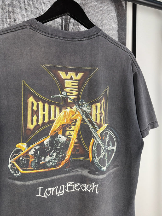 90s THRASHED STAPLE FADER WEST COAST CHOPPERS MOTORCYCLE LONG BEACH LOGO SHIRT