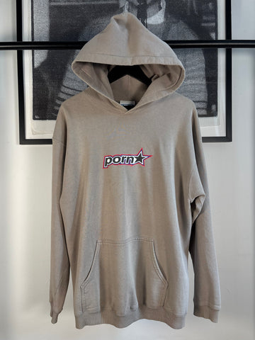 EXTREMELY RARE 90s PORN STAR SKATEBOARDS SAND COLORWAY LOGO HOODIE w/ RED & BLUE LOGO
