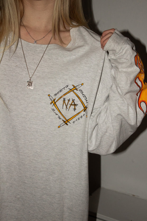 ULTIMATE ERD-STYLE VINTAGE GRAIL: 80s NARCOTICS ANONYMOUS FLAME LOGO SAN DIEGO LONG SLEEVE