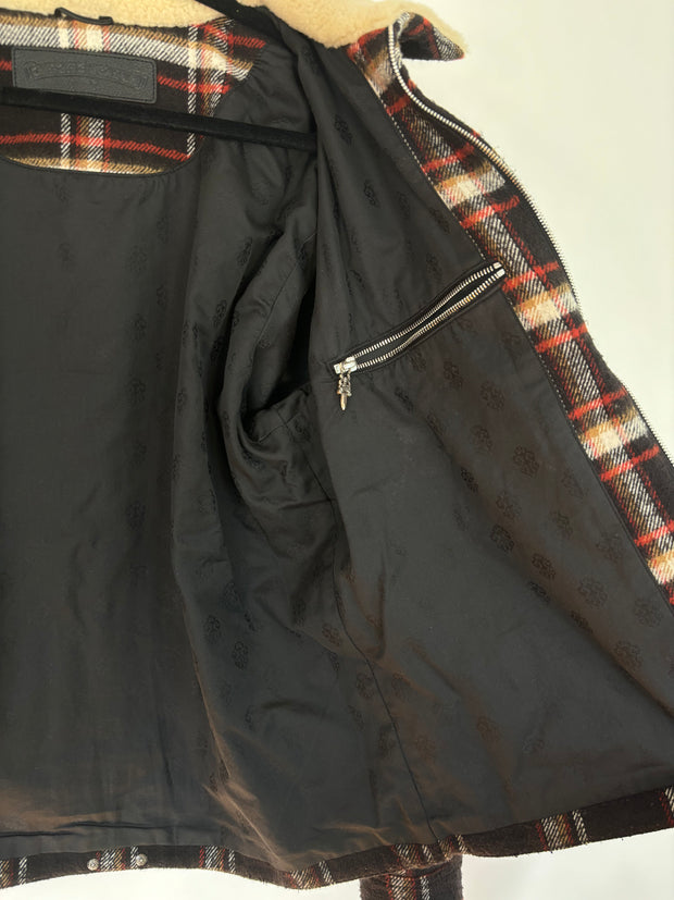 RARE SHEARLING COLLAR PLAID WOOL JACKET W/ SILK LINING & .925 SILVER HARDWARE
