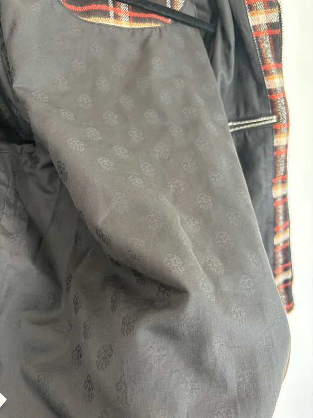 RARE SHEARLING COLLAR PLAID WOOL JACKET W/ SILK LINING & .925 SILVER HARDWARE