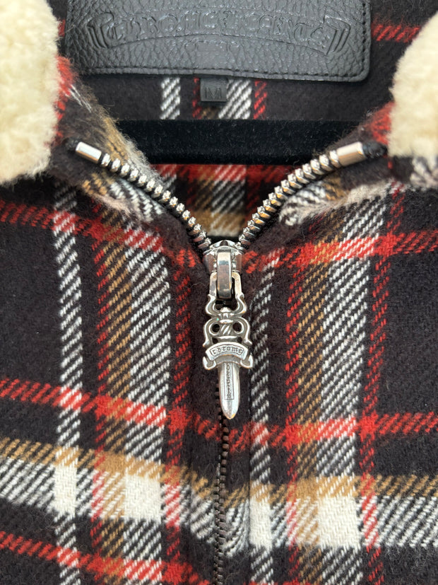 RARE SHEARLING COLLAR PLAID WOOL JACKET W/ SILK LINING & .925 SILVER HARDWARE