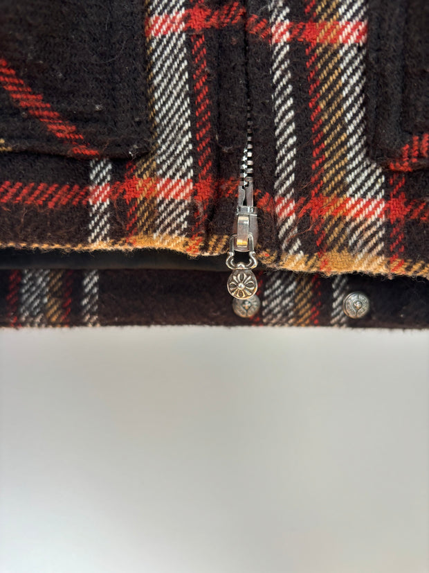 RARE SHEARLING COLLAR PLAID WOOL JACKET W/ SILK LINING & .925 SILVER HARDWARE